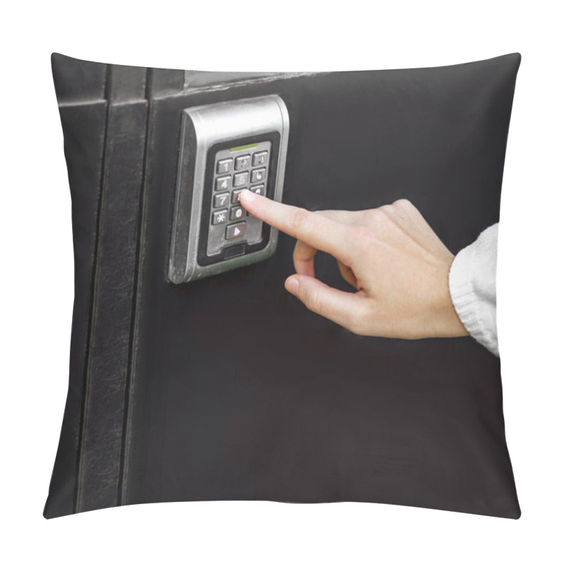 Personality  Female Hand Dials The Access Code On The Electronic Lock By Pressing A Index Finger On Button, Closeup Of The Security Lock On Black Iron Gate With Copy Space. Pillow Covers