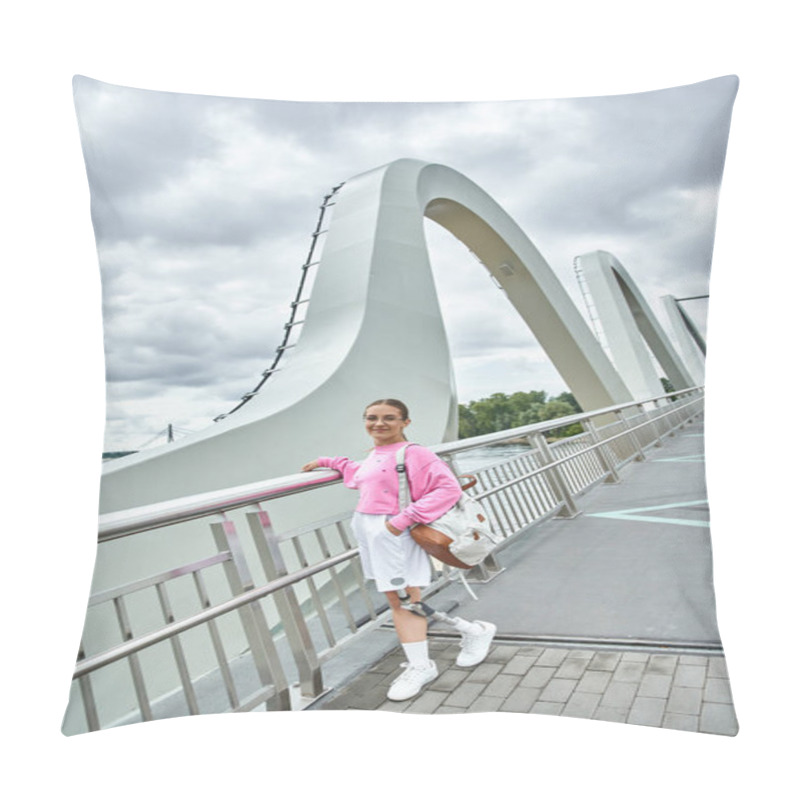 Personality  A Young Woman With A Prosthetic Leg Embraces Fitness While Exercising Outdoors On A Beautiful Bridge. Pillow Covers