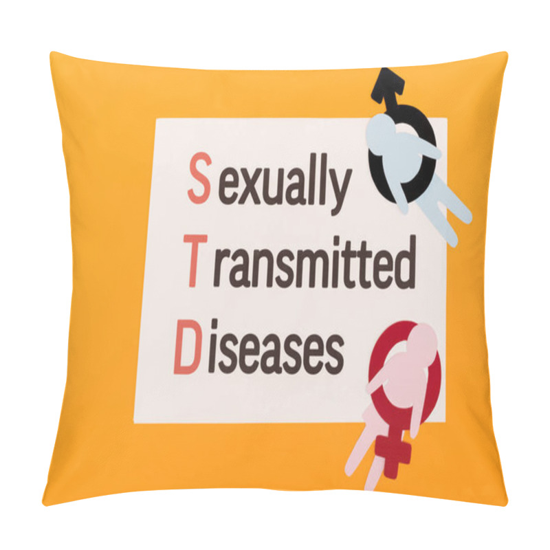 Personality  Top View Of Paper People With Gender Symbols Near Paper With Sexually Transmitted Diseases Lettering Isolated On Orange Pillow Covers