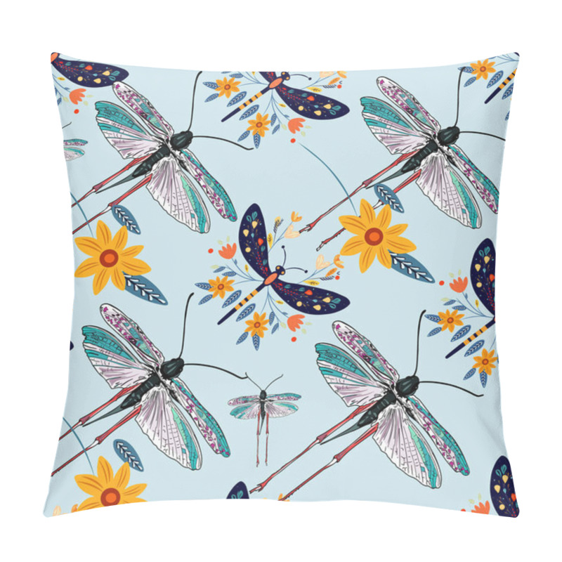 Personality  Vibrant Insect And Flower Design With Blue Background. Locust Top View. Colorful Dragonflies With Yellow Floral Pillow Covers