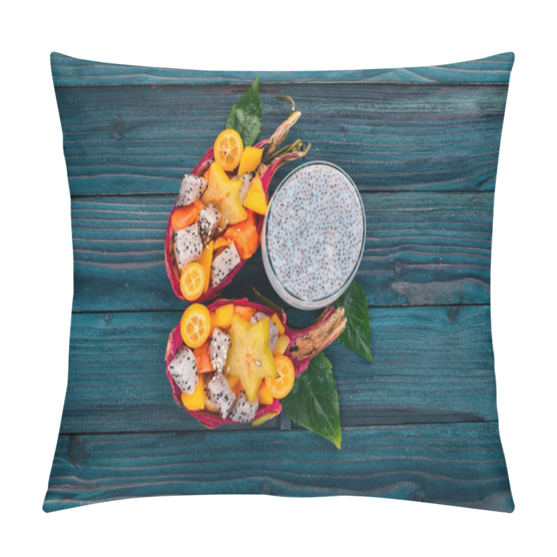 Personality  Tropical Fruit Salad Served In Half A Dragon Fruit. Papaya, Rambutan, Tamarind, Cactus Fruit, Mango. On A Wooden Background. Top View. Pillow Covers