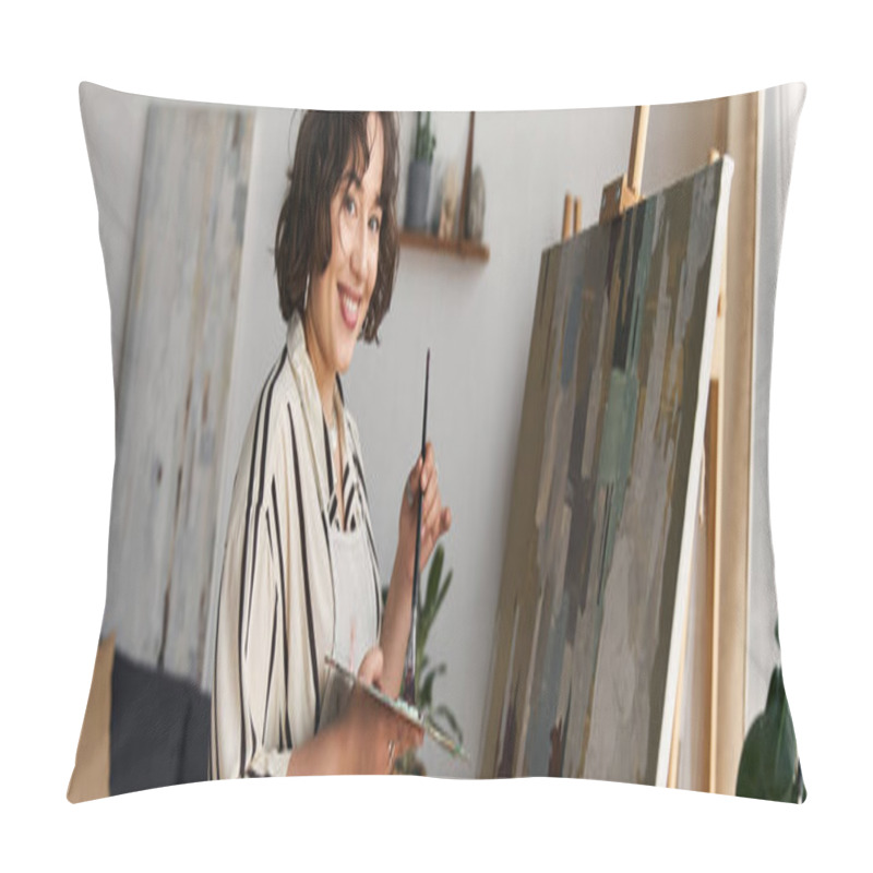 Personality  A Young Woman With Curly Hair Paints On An Easel, Expressing Her Creativity In A Bright Apartment, Banner Pillow Covers