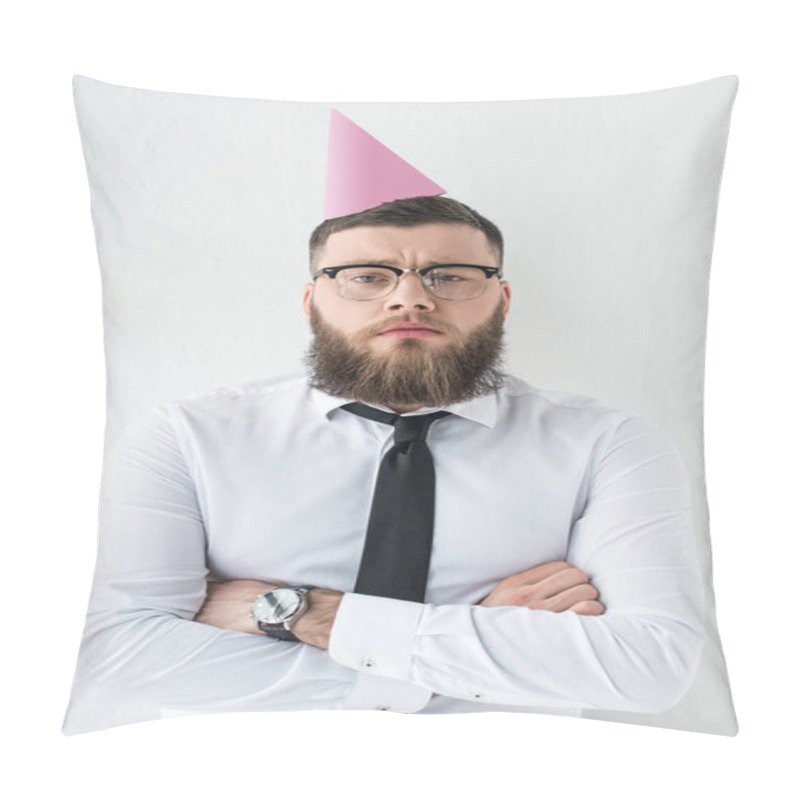 Personality  Portrait Of Bearded Businessman In Formal Wear And With Party Cone On Head Isolated On Grey Pillow Covers