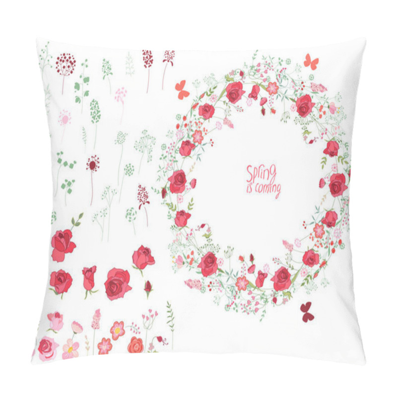 Personality  Round Frame With Pretty Flowers Roses And Text Summer Is Coming. Festive Floral Circle For Your Season Design. Pillow Covers