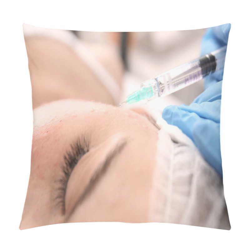 Personality  Beautician Making Injection In Woman's Face, Closeup. Biorevitalization Procedure Pillow Covers