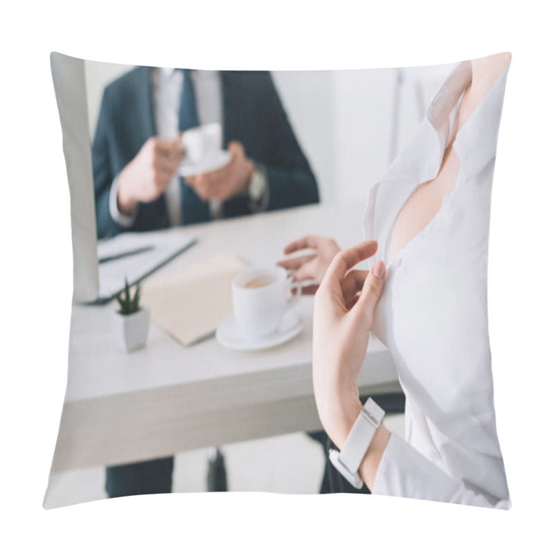 Personality  Cropped View Of Sexy Secretary With Big Breast Seducing Businessman In Office  Pillow Covers