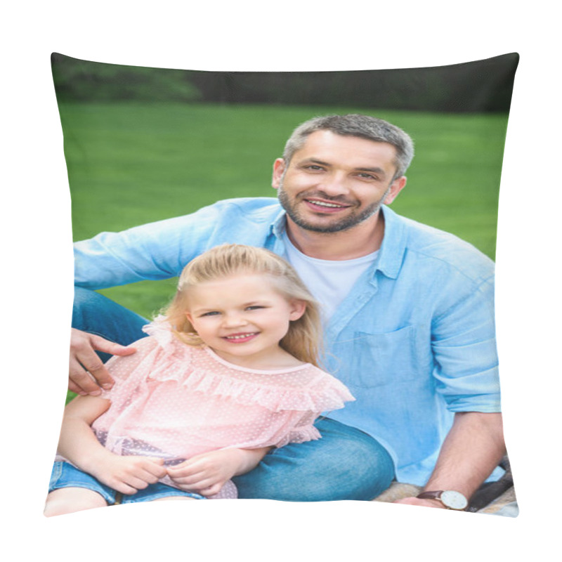 Personality  Happy Father With Cute Little Daughter Smiling At Camera In Park Pillow Covers