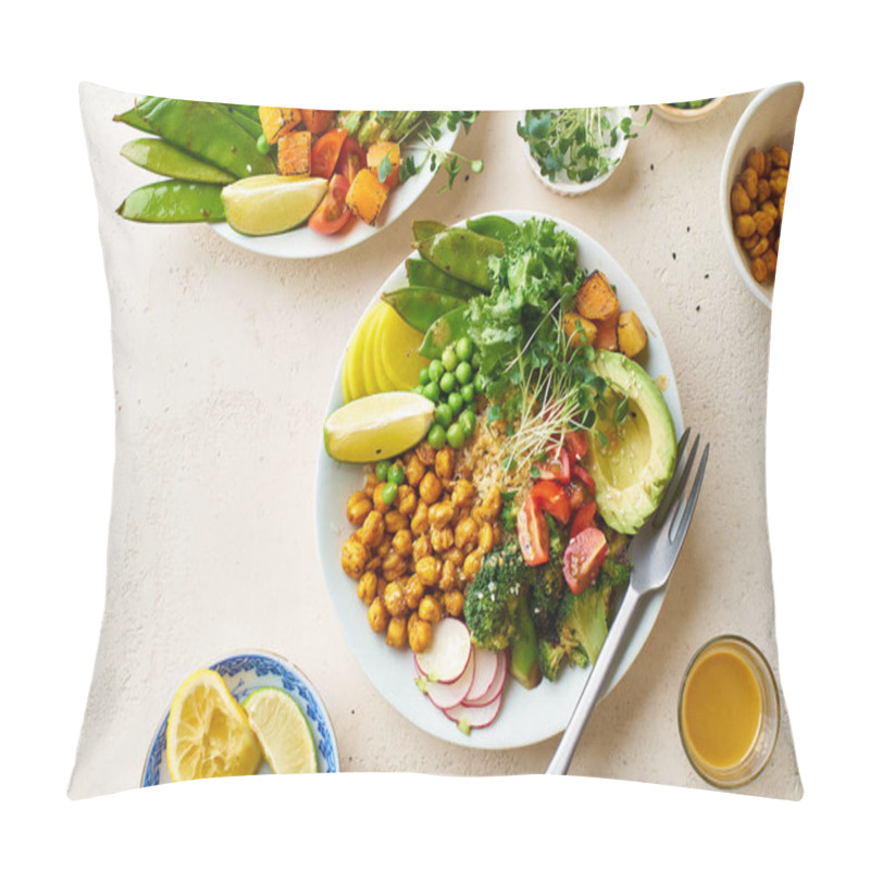 Personality  Healthy Vegetarian Lunch Bowls With Avocado And Chickpeas With Quinoa And Vegetables Garnished With Microgreens And Nut Dressing  On Stone Background Pillow Covers