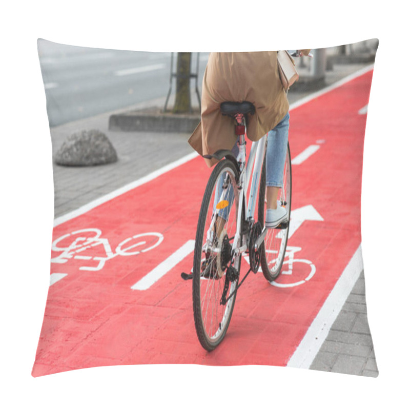 Personality  Woman Cycling Along Red Bike Lane Road In City Pillow Covers