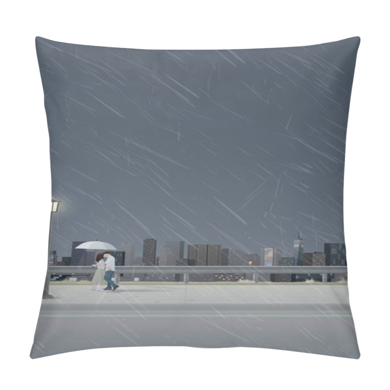 Personality  Cityscape In Rainy Day View From Sidewalk With Couple Of Lover Kissing Under Umbrella Have Skyscraper And Cloudy Sky Vertical Background Graphic Illustration. Pillow Covers