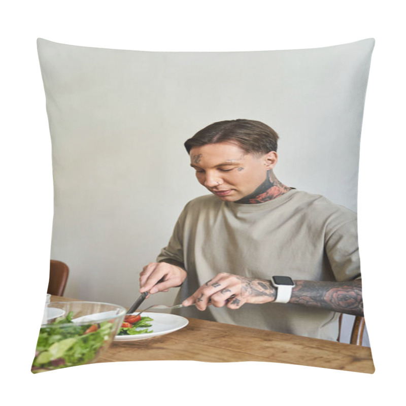 Personality  A Handsome Young Man Focuses On His Nutritious Meal At Home, Savoring Each Bite. Pillow Covers