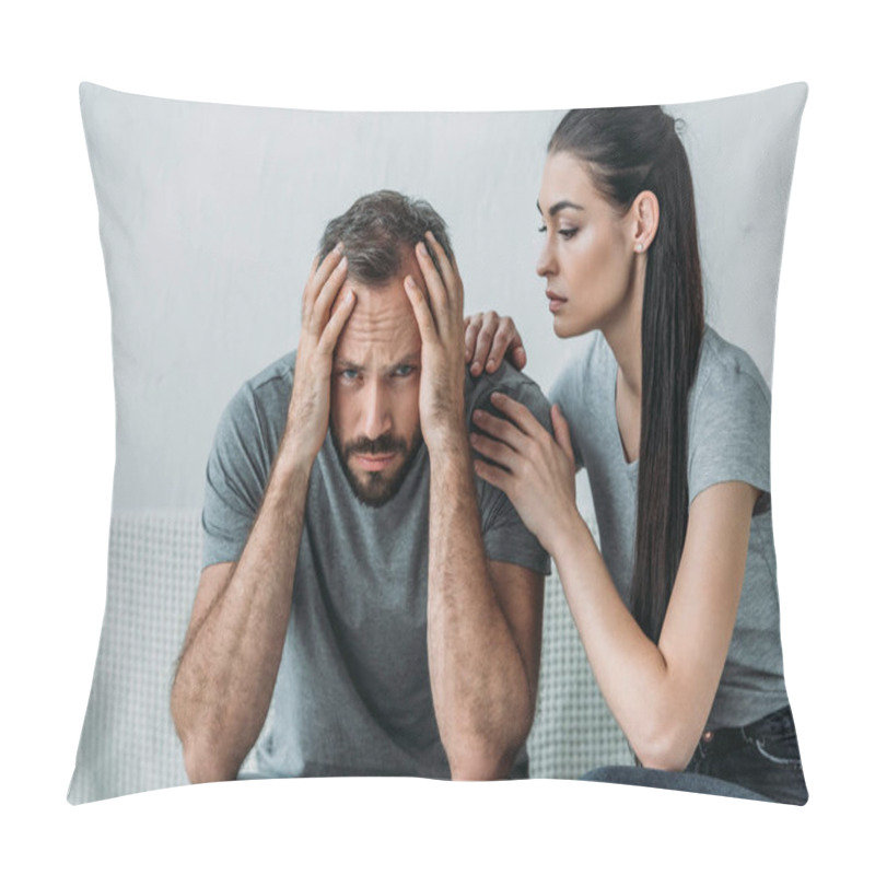 Personality  Young Woman Supporting Depressed Frustrated Boyfriend Sitting On Couch And Looking At Camera Pillow Covers