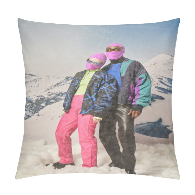 Personality  Attractive Diverse Couple Posing Together In Pink Balaclavas With Mountain Backdrop, Winter Concept Pillow Covers