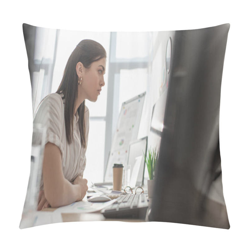 Personality  Selective Focus Of Information Security Analyst Working With Computers In Office  Pillow Covers