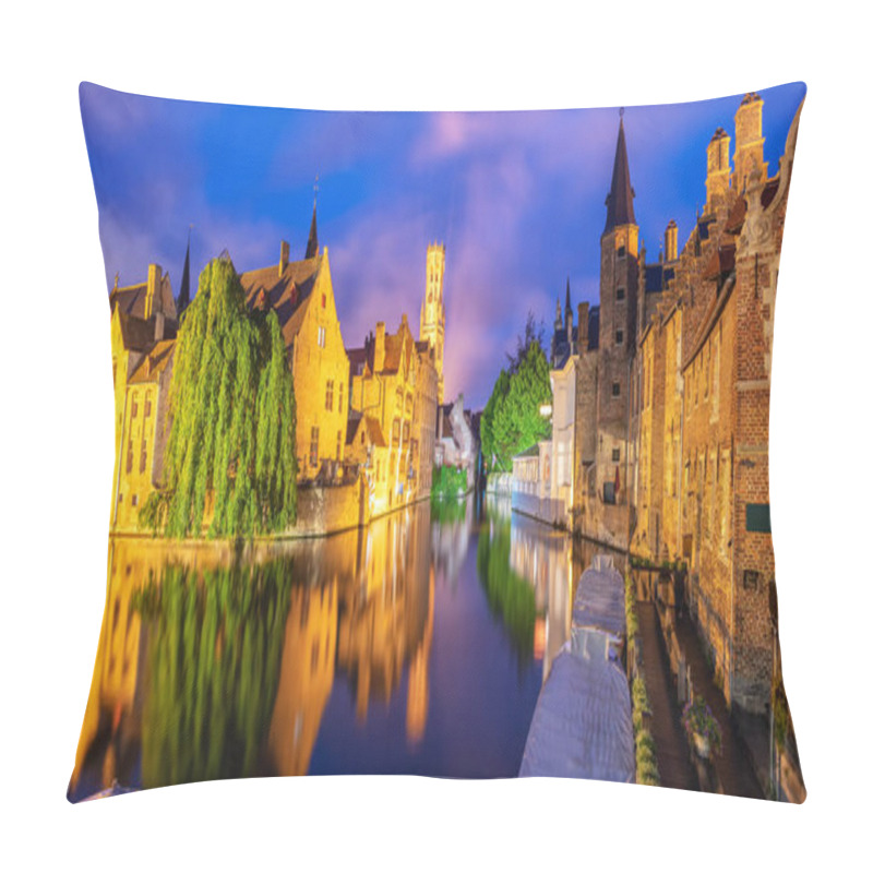 Personality  Panoramic View Of The Rozenhoedkaai Canal, Historical Brick Houses And The Belfry In Bruges Medieval Old Town, Belgium, A UNESCO World Culture Heritage Site Pillow Covers