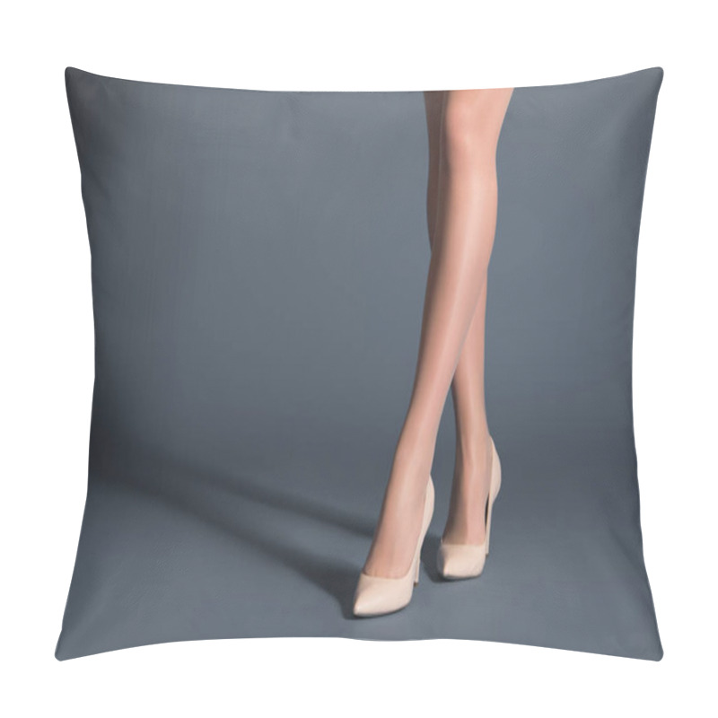 Personality  Woman Wearing Beige Tights And Heel Shoes On Dark Background Pillow Covers