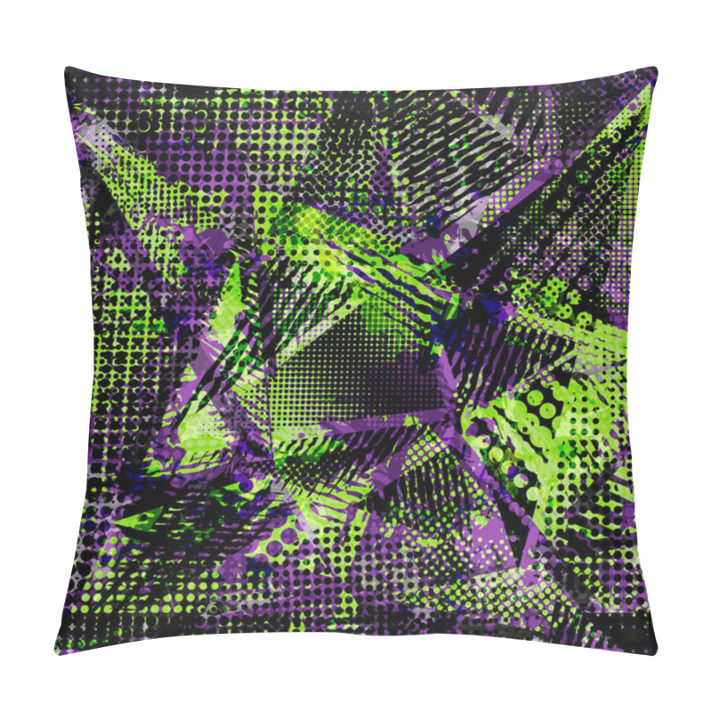 Personality  Abstract Urban Seamless Pattern. Grunge Texture Background. Scuffed Drop Sprays, Triangles, Dots, Neon Spray Paint, Splash. Urban Modern Dirty Dark Wallpaper. Fashion Textile, Sport Fabric. Torn Style Pillow Covers