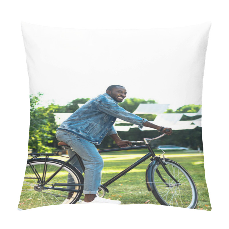 Personality  Smiling African American Man Riding Retro Bicycle In Park Pillow Covers