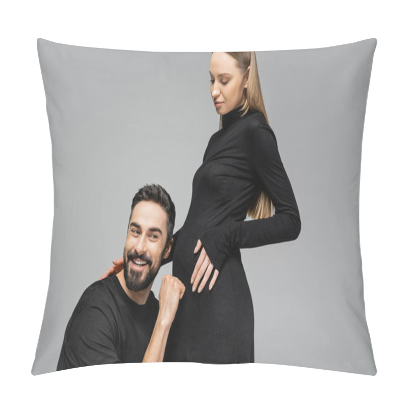 Personality  Cheerful Bearded Man In T-shirt Knocking On Belly Of Fashionable And Pregnant Wife In Black Dress And Standing Together Isolated On Grey, Growing New Life Concept, Funny, Father To Be Pillow Covers