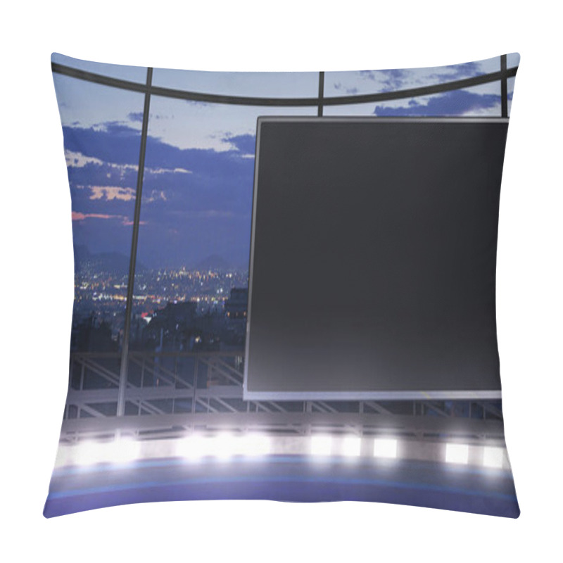 Personality  Industrial TV Show Backdrop With An Empty Screen. Ideal For Virtual Tracking System Sets, With Green Screen. (3D Rendering) Pillow Covers