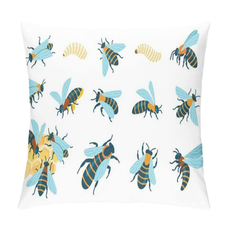 Personality  Cartoon Bees Insects. Cute Flying Striped Bug, Funny Buzzing Wasp And Honeybee, Cheerful Small Winged Insect With Stings. Vector Isolated Set. Pillow Covers