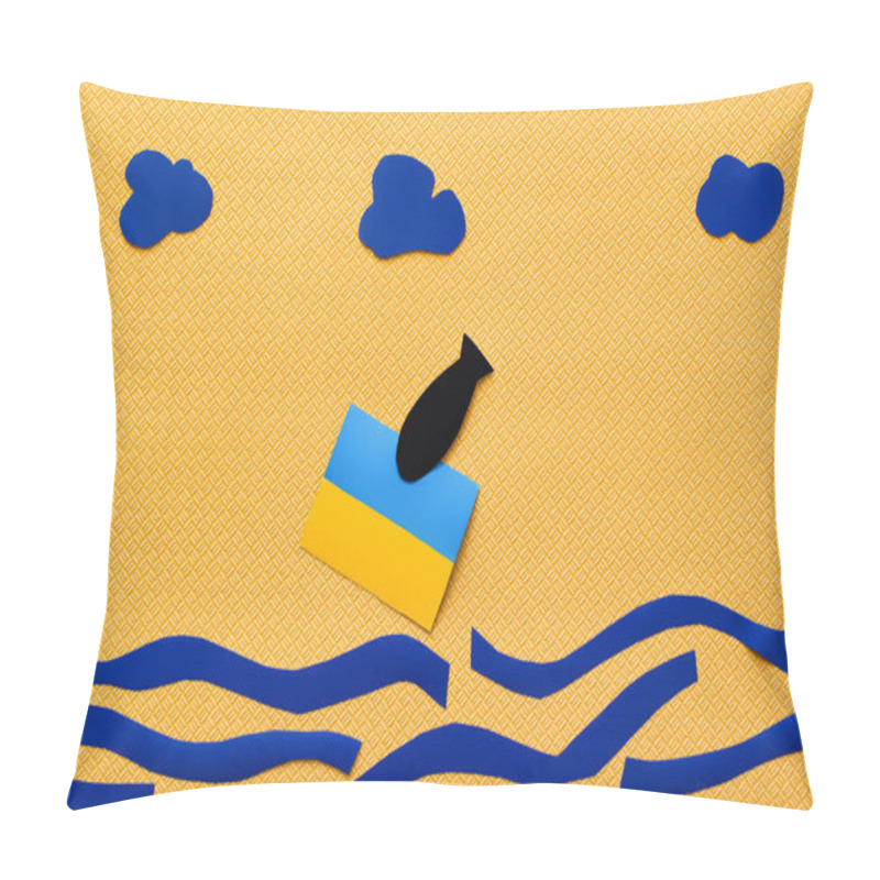 Personality  Top View Of Paper Bomb Near Ukrainian Flag Above Carton Sea On Yellow Background Pillow Covers