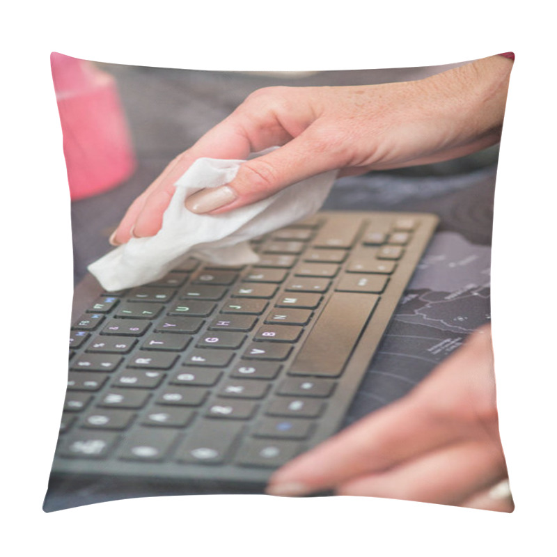 Personality  Woman Cleaning Computer Keyboard With Soft Cloth. Coronavirus Prevention And Home Disinfection. Pillow Covers