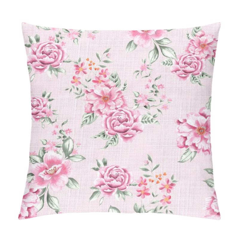 Personality  Watercolor Flowers Pattern, Pink Romantic Roses, Green Leaves, Pink Background, Seamless Pillow Covers