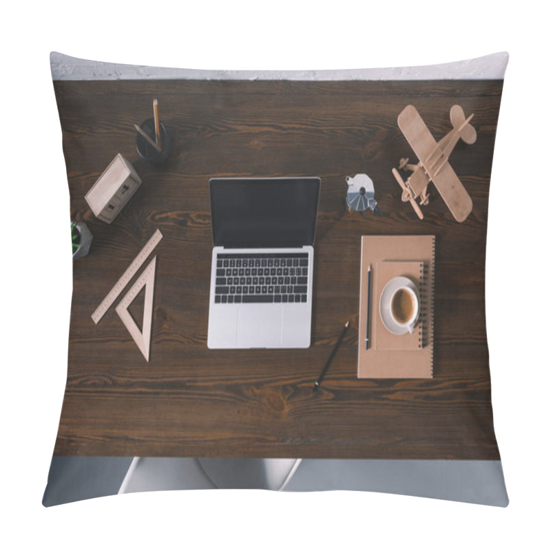 Personality  Top View Of Laptop With Blank Screen And Office Supplies On Wooden Table Pillow Covers