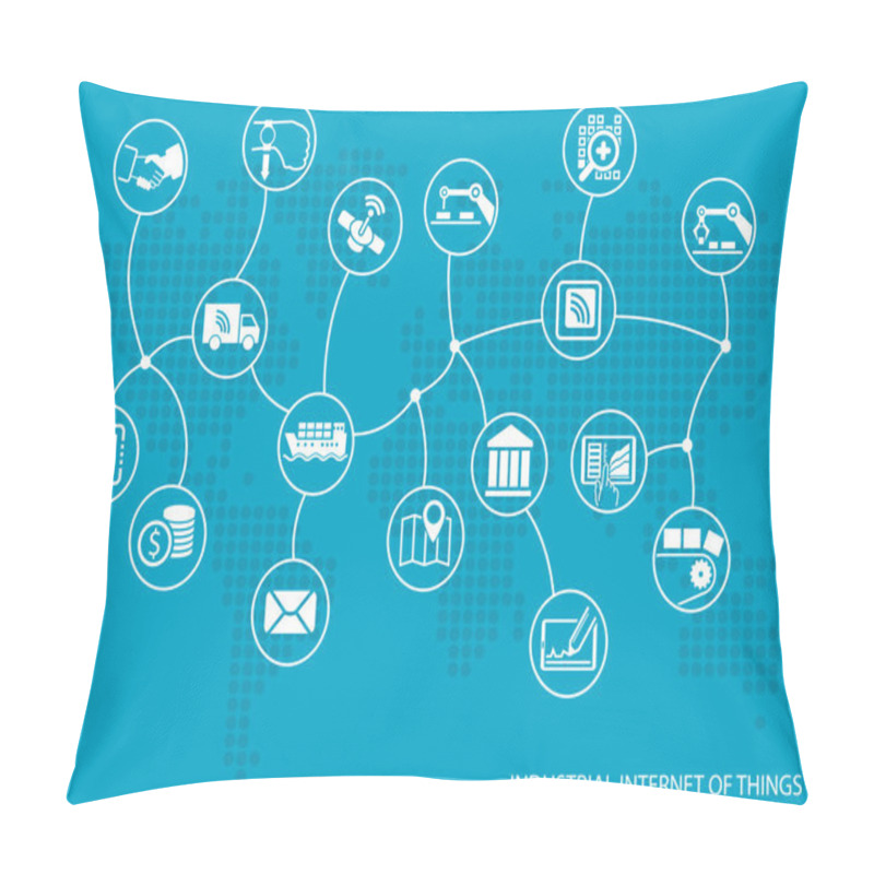 Personality  Industrial Internet Of Things (IOT) Concept. World Map Of Connected Value Chain Of Goods Including Business Process Automation Pillow Covers