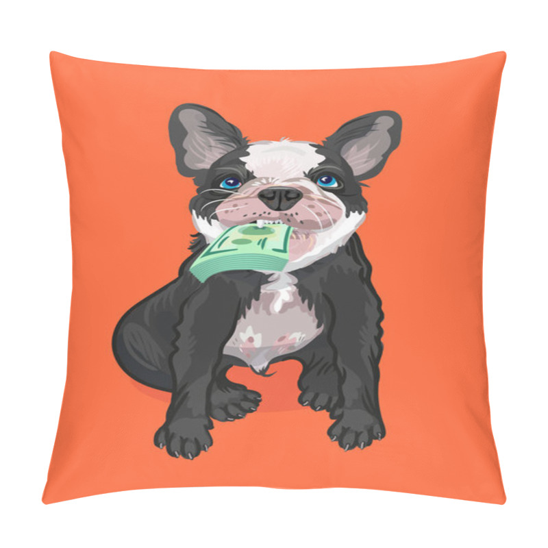 Personality  French Bulldog Puppy Black And White Sitting. He Holds A Wad Of Bills In His Mouth. Pillow Covers