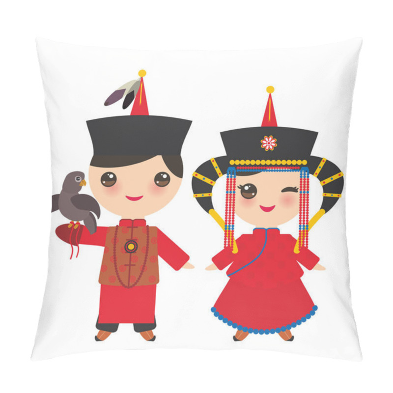 Personality  Mongolian Boy And Girl In Red National Costume And Hat. Cartoon Children In Traditional Dress. Hunter, Hunting With An Eagle. Vector Illustration Pillow Covers