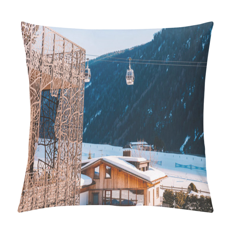 Personality  Saalbach, Austria. March 20, 2018. Beautiful View From The Luxury Balcony On The Alps, Mountains And Cable Car Over Ski Slopes In Austrian Alps. Luxury Hotel Modern Design. Pillow Covers