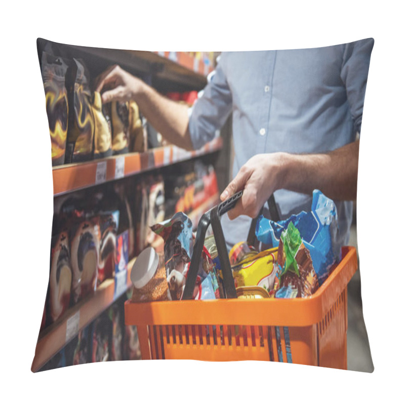 Personality  Cropped Image Of Handsome Man With A Market Basket Doing Shopping At The Supermarket Pillow Covers