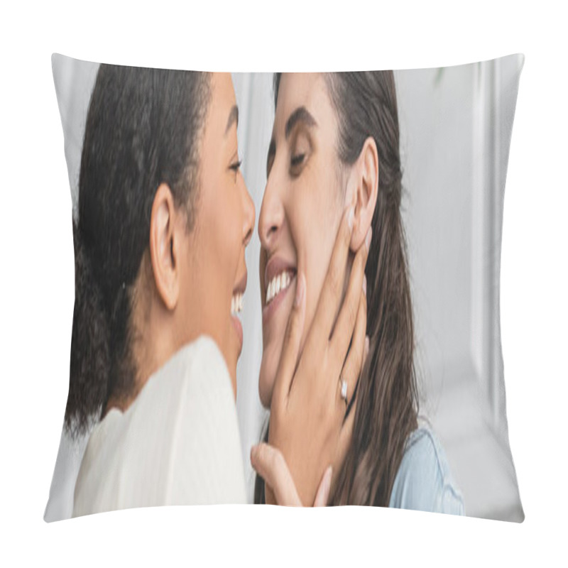 Personality  Overjoyed Multiracial Woman With Engagement Ring On Finger Hugging Girlfriend, Banner  Pillow Covers