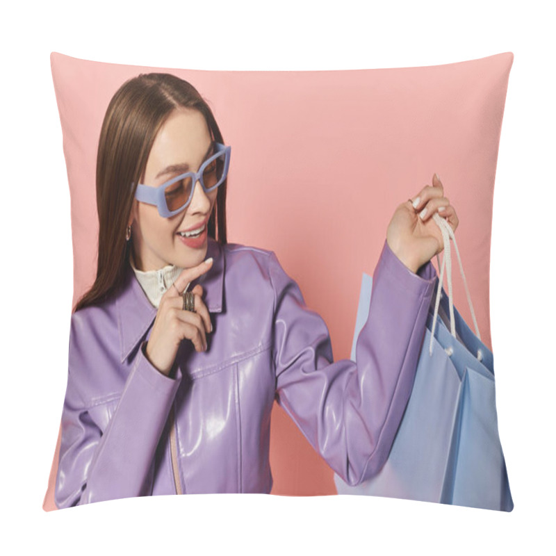 Personality  A Stylish Woman Happily Shows Off Her Shopping Bags In A Vibrant Setting. Pillow Covers