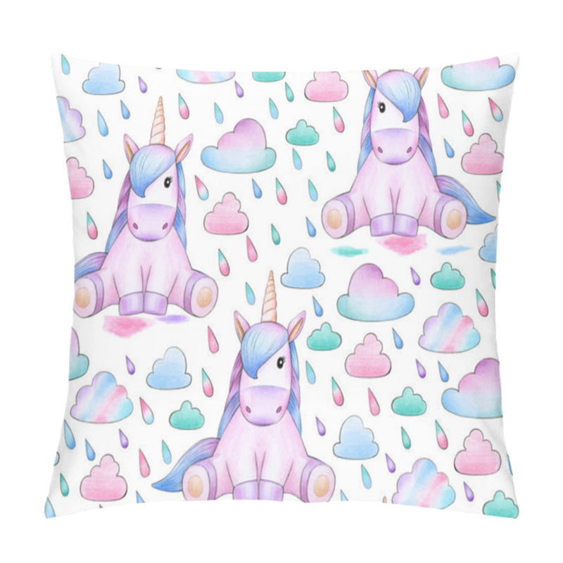 Personality  Set Of Unicorns Sitting Under Rain On White Background Pillow Covers