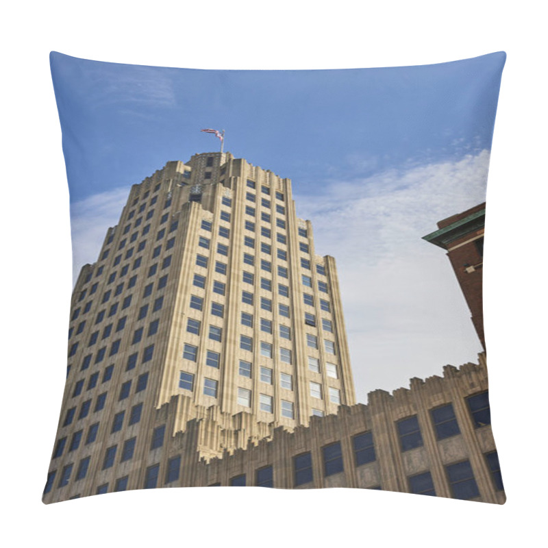 Personality  Art Deco Architectural Grandeur Of The Lincoln Tower Under Clear Blue Skies In Downtown Fort Wayne, Indiana, With A Flying American Flag Pillow Covers