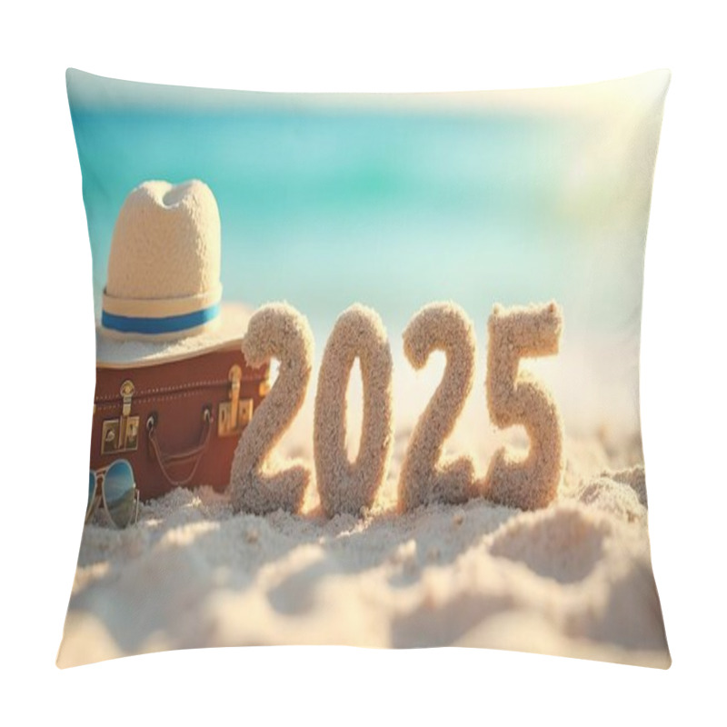 Personality  New Year Concept With Hat, Suitcase, Sunglasses And Numbers 2025 On The Beach. Pillow Covers