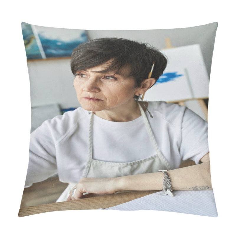 Personality  A Dedicated Artist Deeply Focused On Her Latest Project In An Inspiring Studio. Pillow Covers