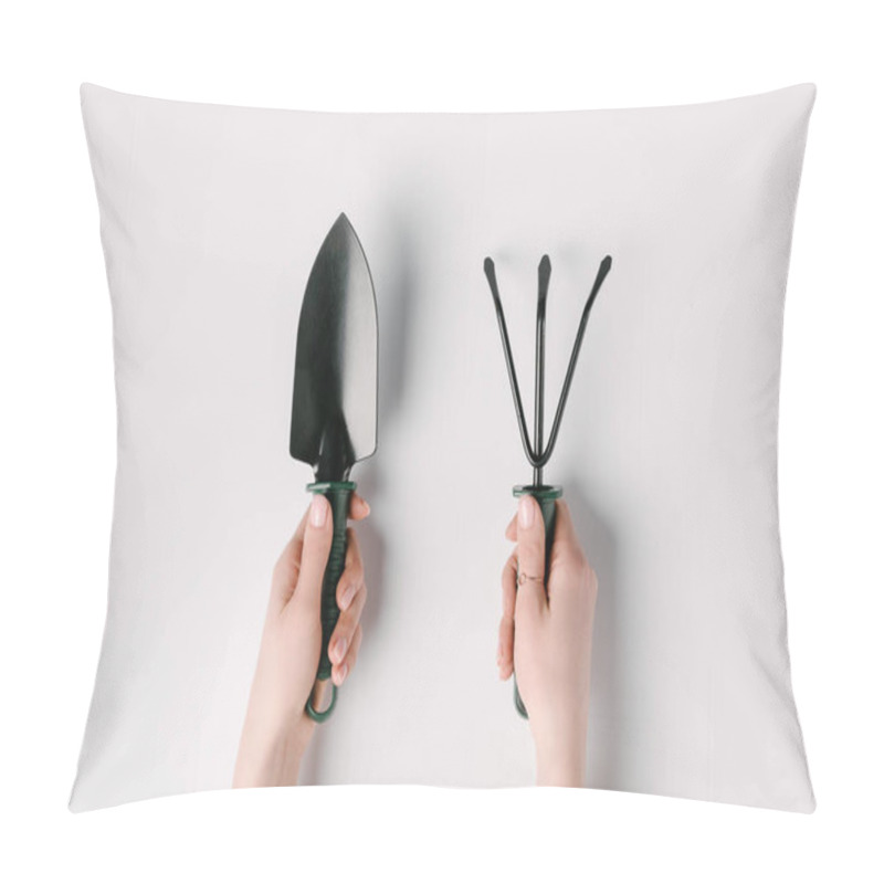 Personality  Cropped Shot Of Woman Holding Gardening Spade And Hand Rake Isolated On White Pillow Covers