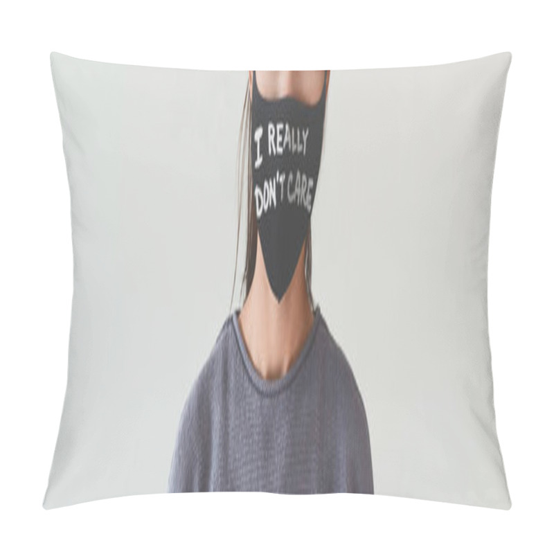 Personality  Anti Mask Message I REALLY DONT CARE Text Written On Facial Covering As Silent Protest Banner Panoramic. Unrecognizable Woman Wearing Face Masks Pillow Covers