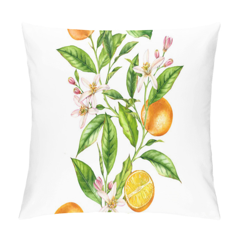 Personality  Orange Fruit Seamless Border Tree Branch With Flowers Realistic Botanical Floral Surface Design: Whole Half Citrus Leaves Isolated On White Hand Drawn For Textile Wallpaper Pillow Covers