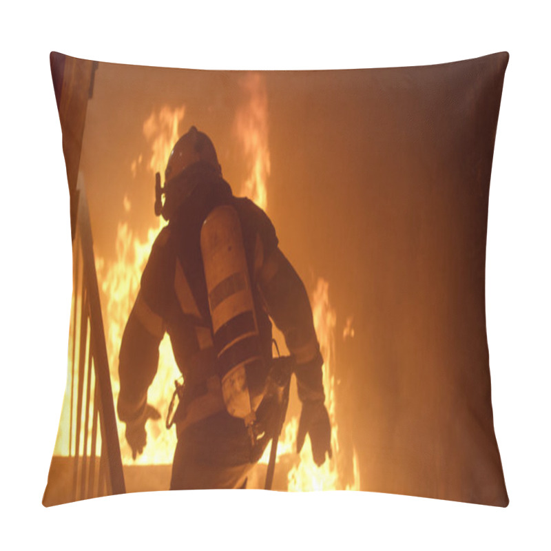 Personality  Brave Firefighter Runs Up The Stairs. Raging Fire Is Seen Everyw Pillow Covers