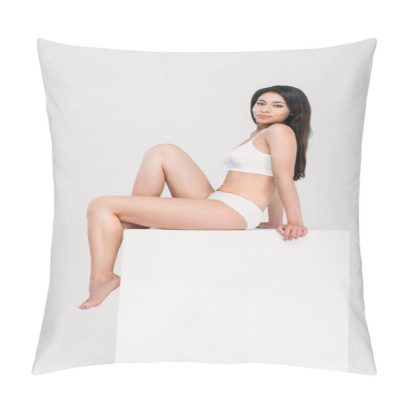 Personality  Beautiful African American Woman Posing In Underwear On White Cube, Isolated On Grey Pillow Covers