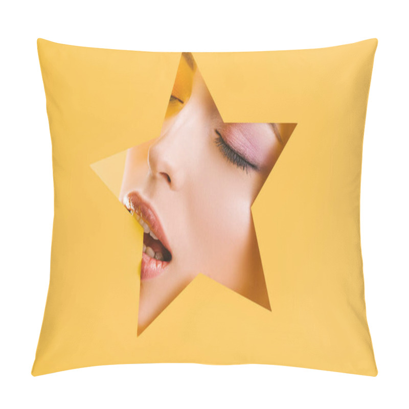 Personality  Portrait Of Beautiful Woman With Shiny Makeup In Paper Star Shaped Hole With Closed Eyes And Open Mouth Isolated On Yellow Pillow Covers