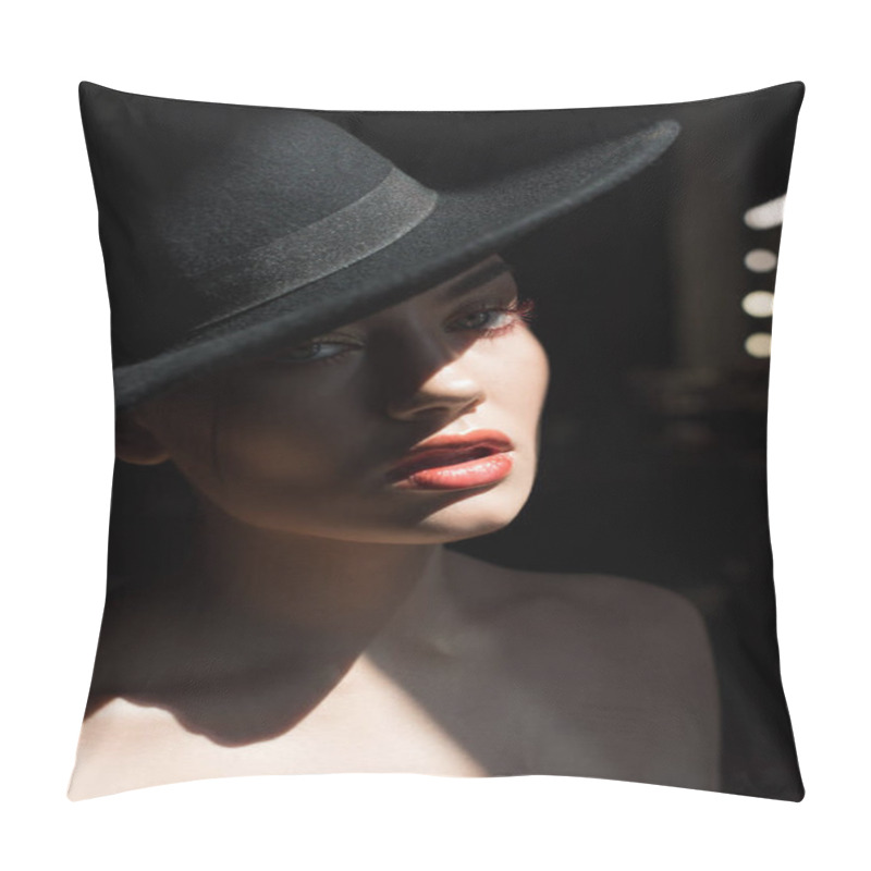 Personality  Beautiful Girl With Makeup Posing In Black Felt Hat  Pillow Covers