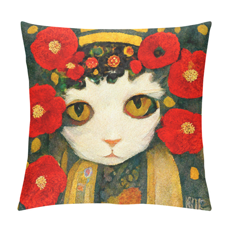 Personality  Portrait Of A Cat With Poppies Around. Painted In Art Nouveau Design Pillow Covers