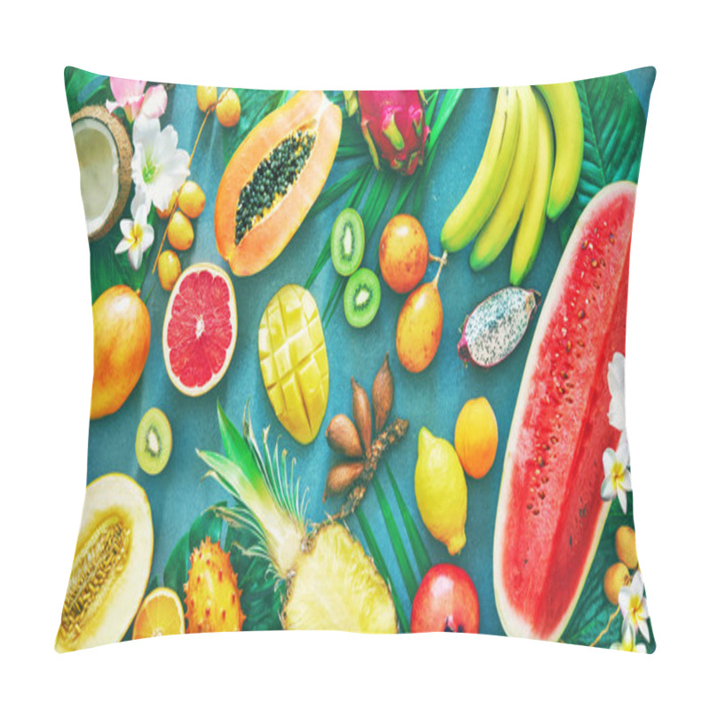 Personality  Assortment Of Tropical Fruits With Palm Leaves And Exotic Flowers. Top View Pillow Covers