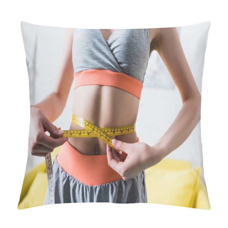 Personality  Cropped View Of Sportswoman Measuring Thin Waist With Tape At Home Pillow Covers